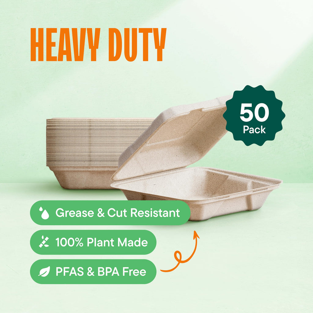 100% Compostable Clamshell Take Out Food Containers [8X8" 50-Pack] Heavy-Duty Quality to go Containers, Natural Disposable Bagasse, Eco-Friendly Biodegradable Made of Sugar Cane Fibers