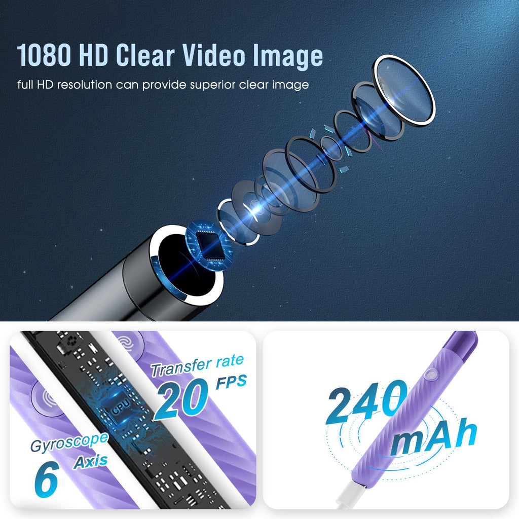 LEIPUT Ear Wax Removal Tool - Ear Cleaner with 1080P Camera - Ear Canal Cleaner - Ear Cleaning Kit with 6 Ear Spoon - Ear Camera for iOS & Android - Birthday Gifts for Women - Purple