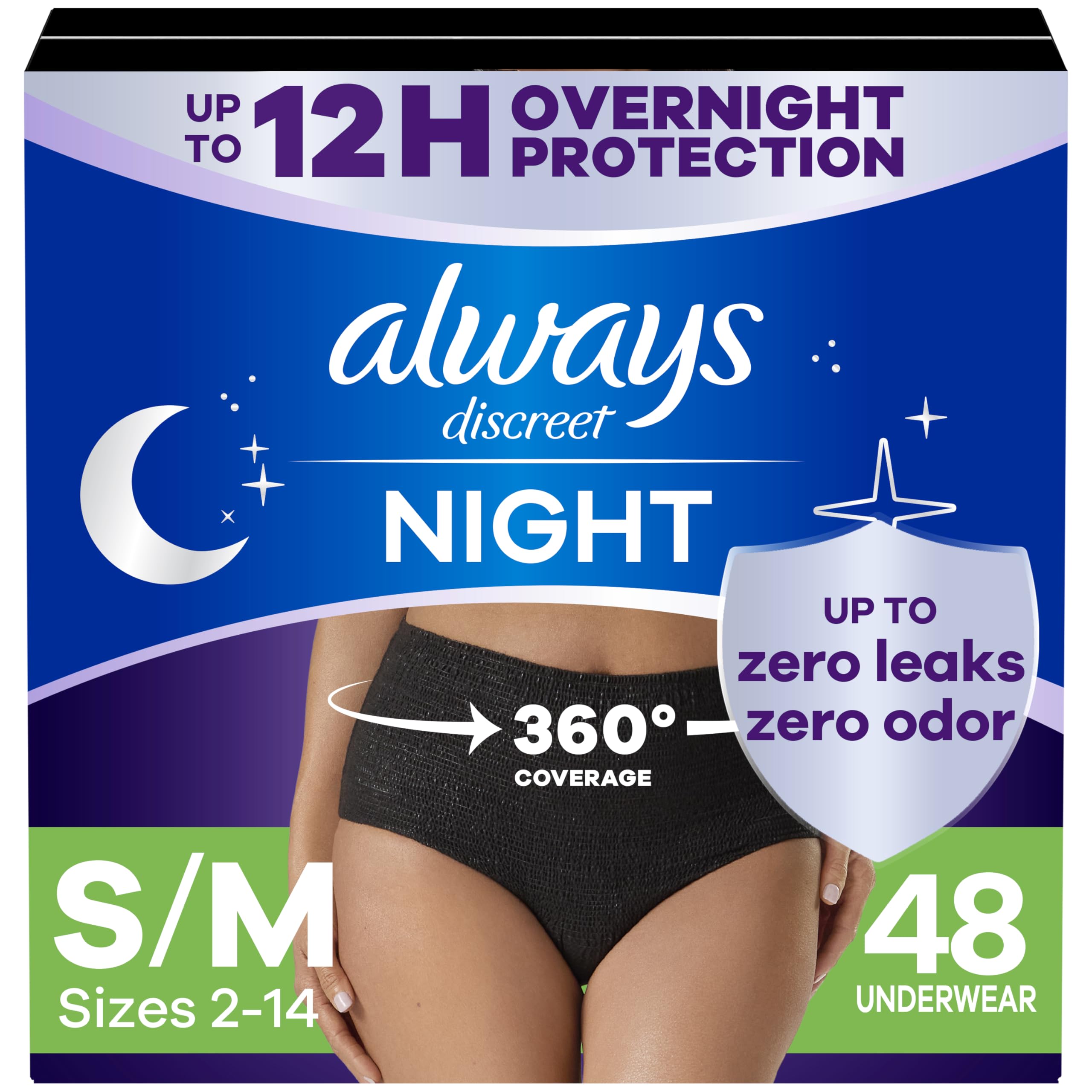 Always Discreet Adult Incontinence Overnight Underwear for Women, Small/Medium, Up to 100% Bladder Leak Protection, 48 Count (3 Packs of 16)