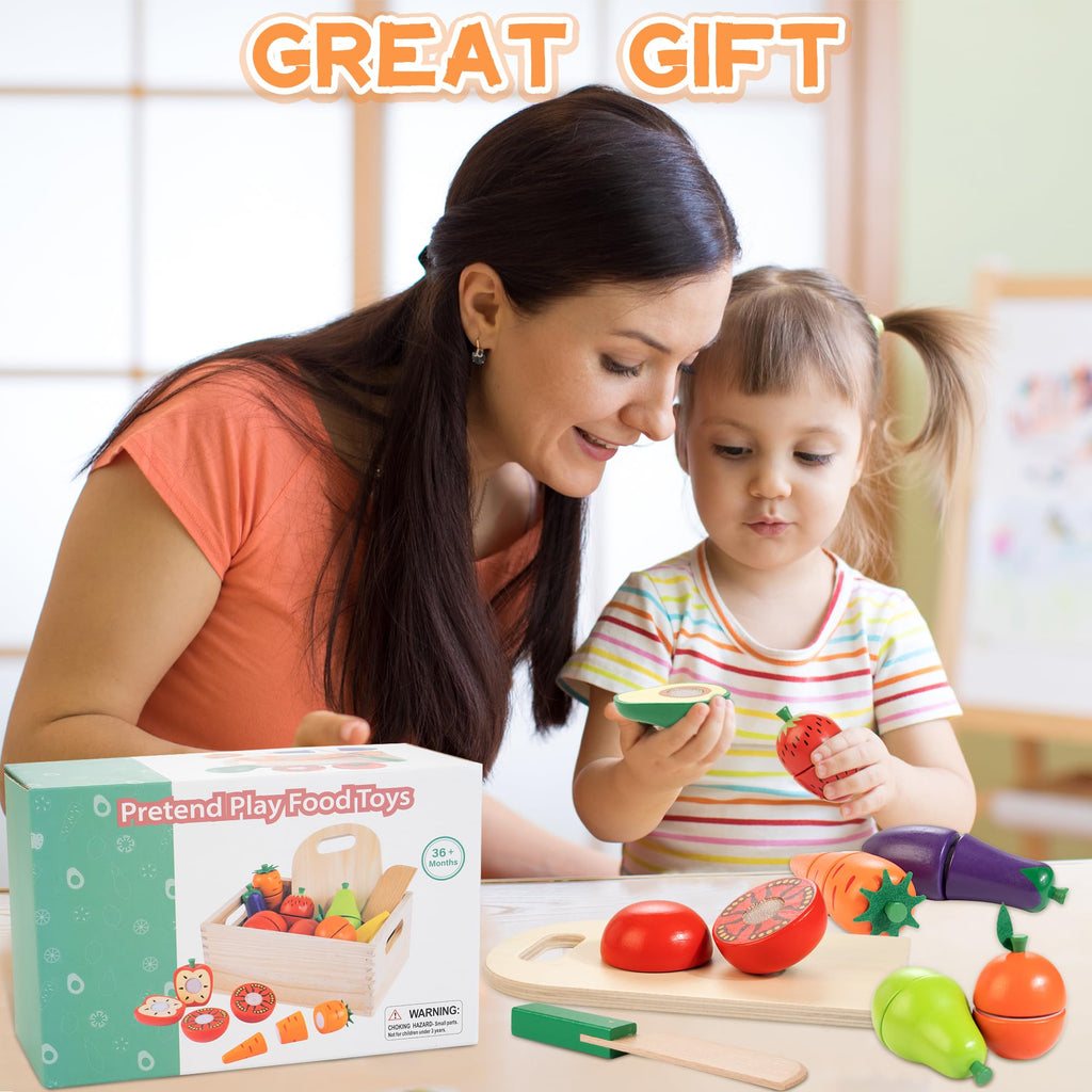 Wooden Play Food for Toddlers, Fruit & Veggies Cutting Set for Play Kitchen
