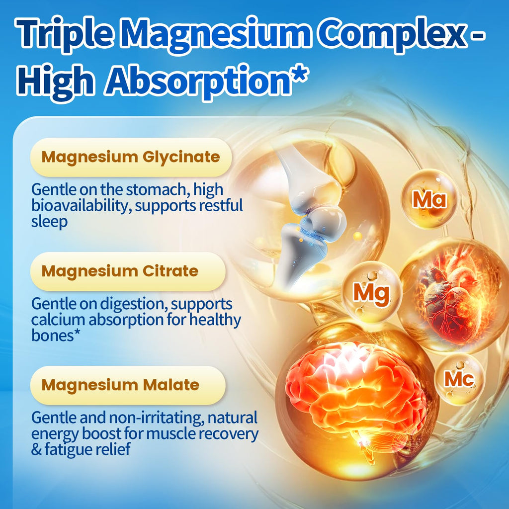 3 Pack Triple Magnesium Complex - Magnesium Glycinate 400mg, Malate, Citrate, High Absorption Chelated Magnesium Supplement