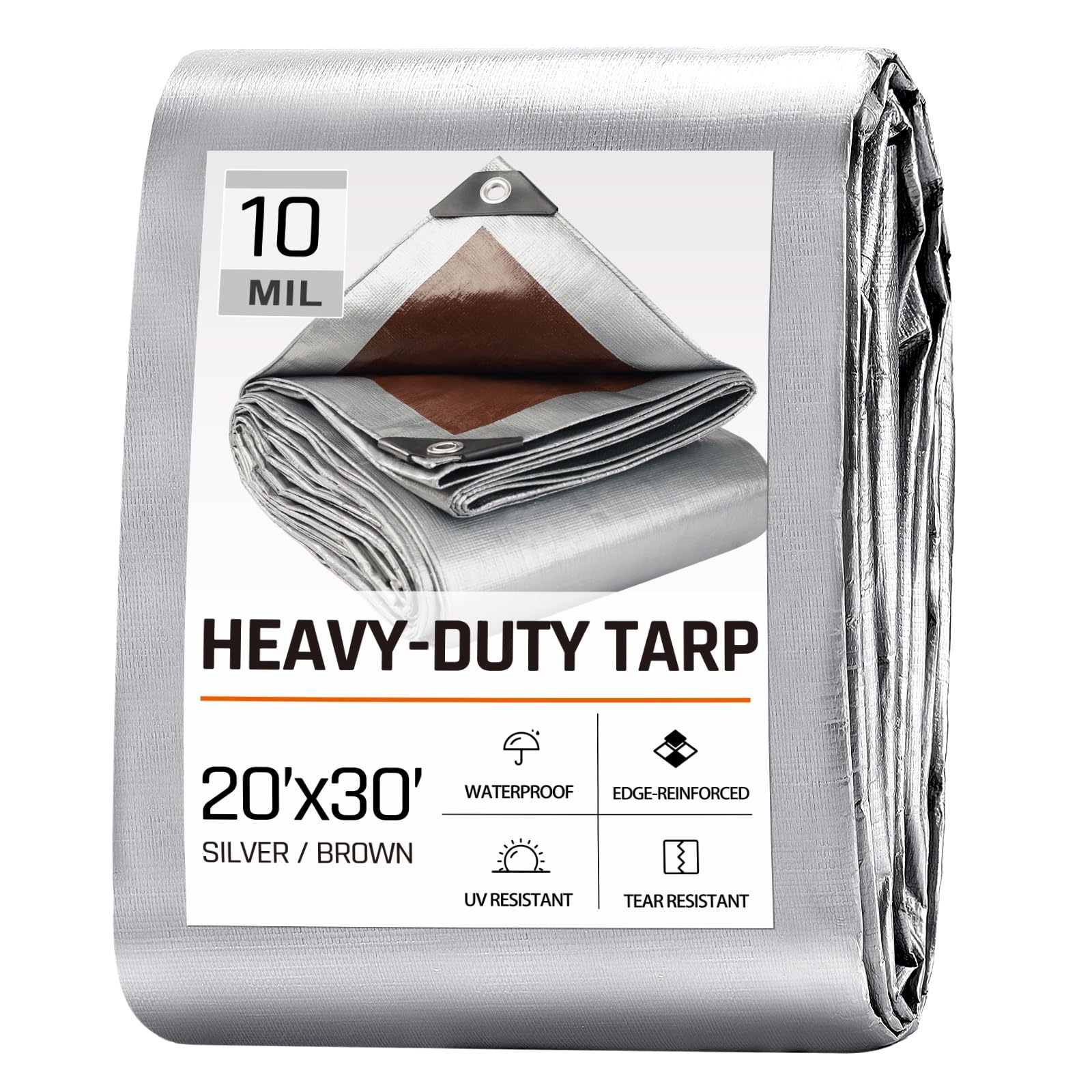 20 x 30 FT Waterproof Heavy Duty Tarp, 10 Mil Thick, Outdoor Furniture Covers, Plastic Insulated Tarpaulin for Camping Tent Roof Boat Patio Pool Cover, Large & Small Multi-Size Tarps, Silver/Brown