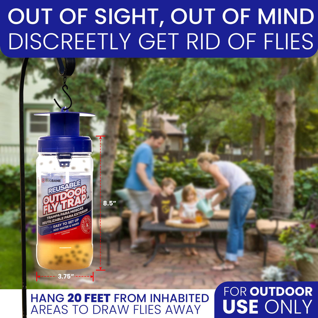 3 Fly Traps Outdoor Fly Trap for Patio with 6 Non-Toxic Dissolvable Bait Refills. Reusable Hanging Bug Catcher Killer for All Filth Flies for Outside Bug Control Yard Ranch. Hanging Chains Included.