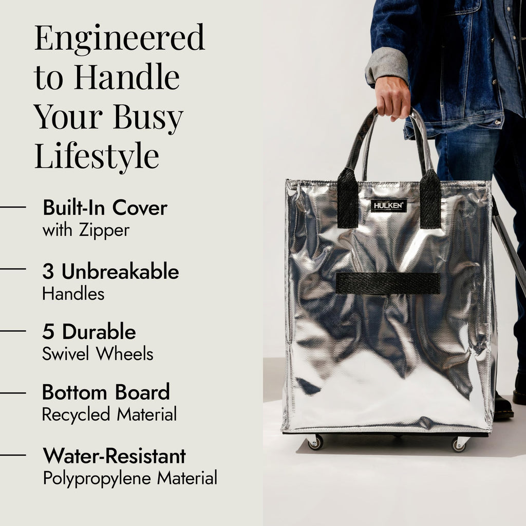 (Large, Silver) Reusable Grocery Bag On Wheels, Shopping Trolley, Rolling Tote, Zipper Closure, Lightweight, Carries Up to 66 lb, Folds Flat, Unbreakable Handles