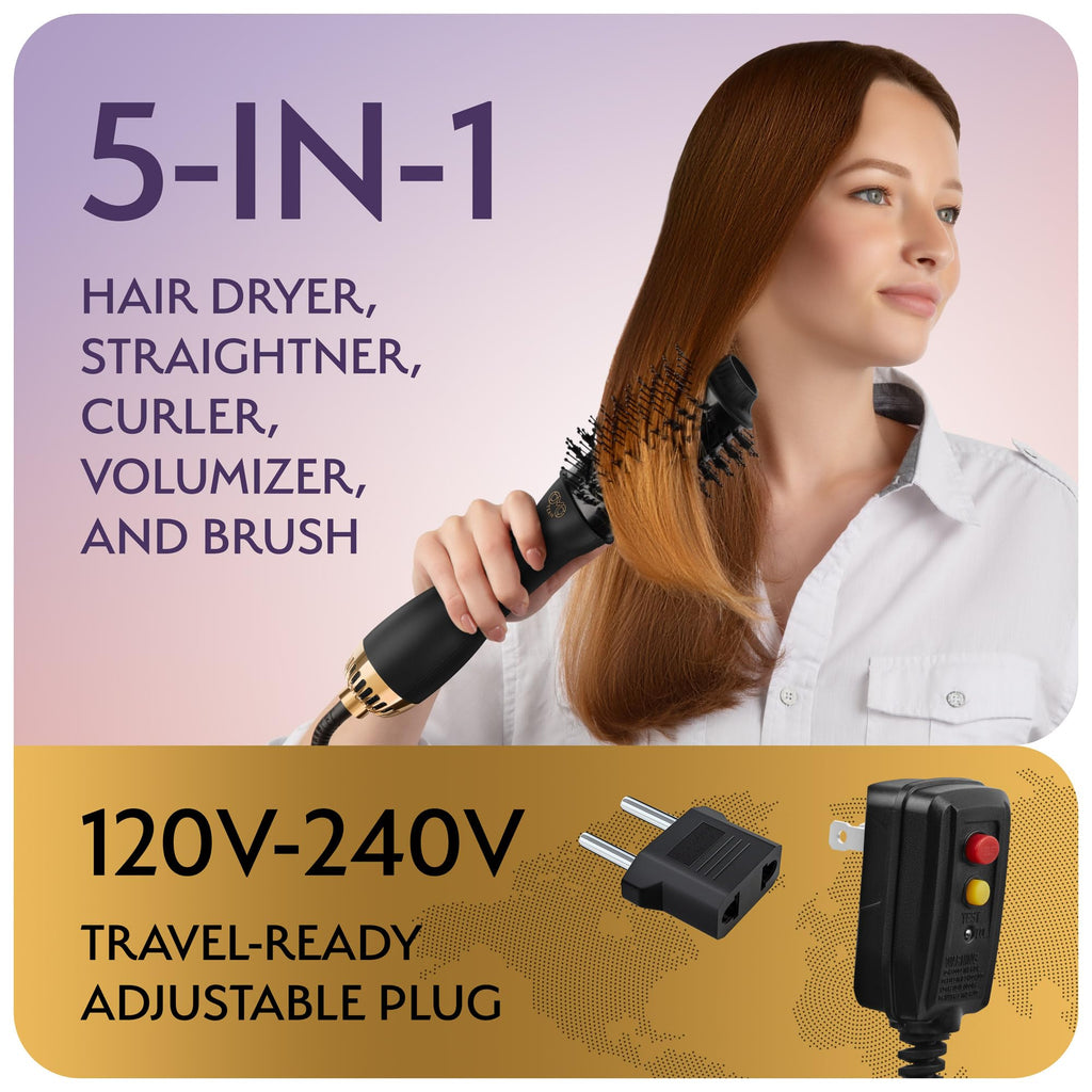 Manual Dual Voltage Blowout Hair Dryer Brush, Professional Hot Air Brush for European Travel 110V-120V/220V-240V, Black Gold Dryer and Volumizer for Women, 2.4 INCHES Oval Shape