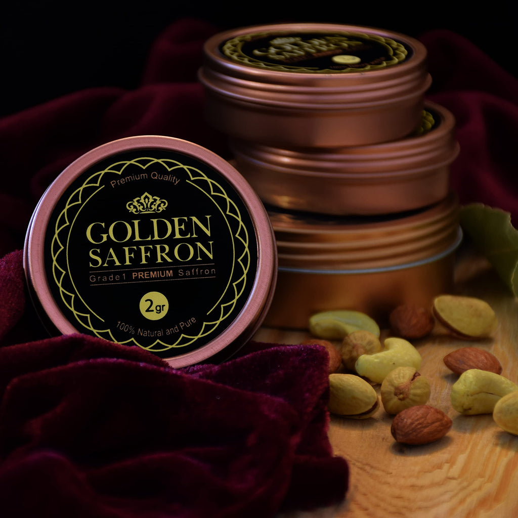 Golden Saffron, Finest Pure Premium All Red Saffron Threads, Grade A+ Super Negin, Non-GMO Verified. For Tea, Paella, Rice, Desserts, Golden Milk and Risotto (2.0 Grams)