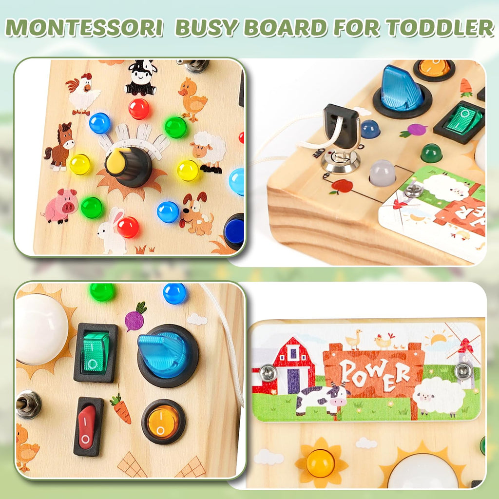 Joyreal Wooden Busy Board with LED Light, Montessori Toddler Toys, Wooden Sensory Board, Toddlers Activity Travel Toys for Boy & Girl Birthday Gift (Farm Theme)