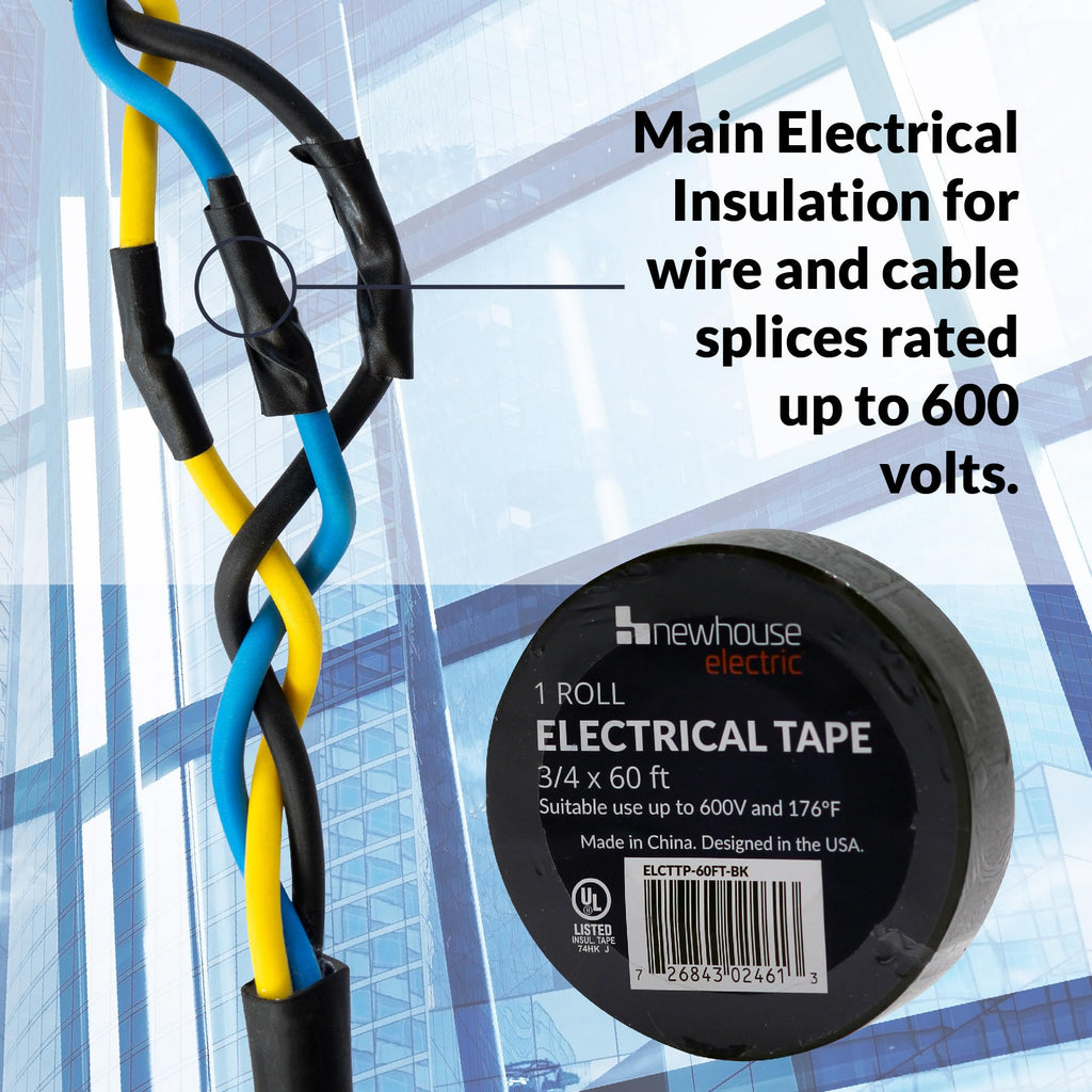 Newhouse Electric 3/4-in. x 60 ft. Black Electrical Tape Roll ELCTTP-60FT-BK, Black Vinyl Insulation Tape for Electrical Wire Sheathing Rated for 600V and up to 176 Degrees F