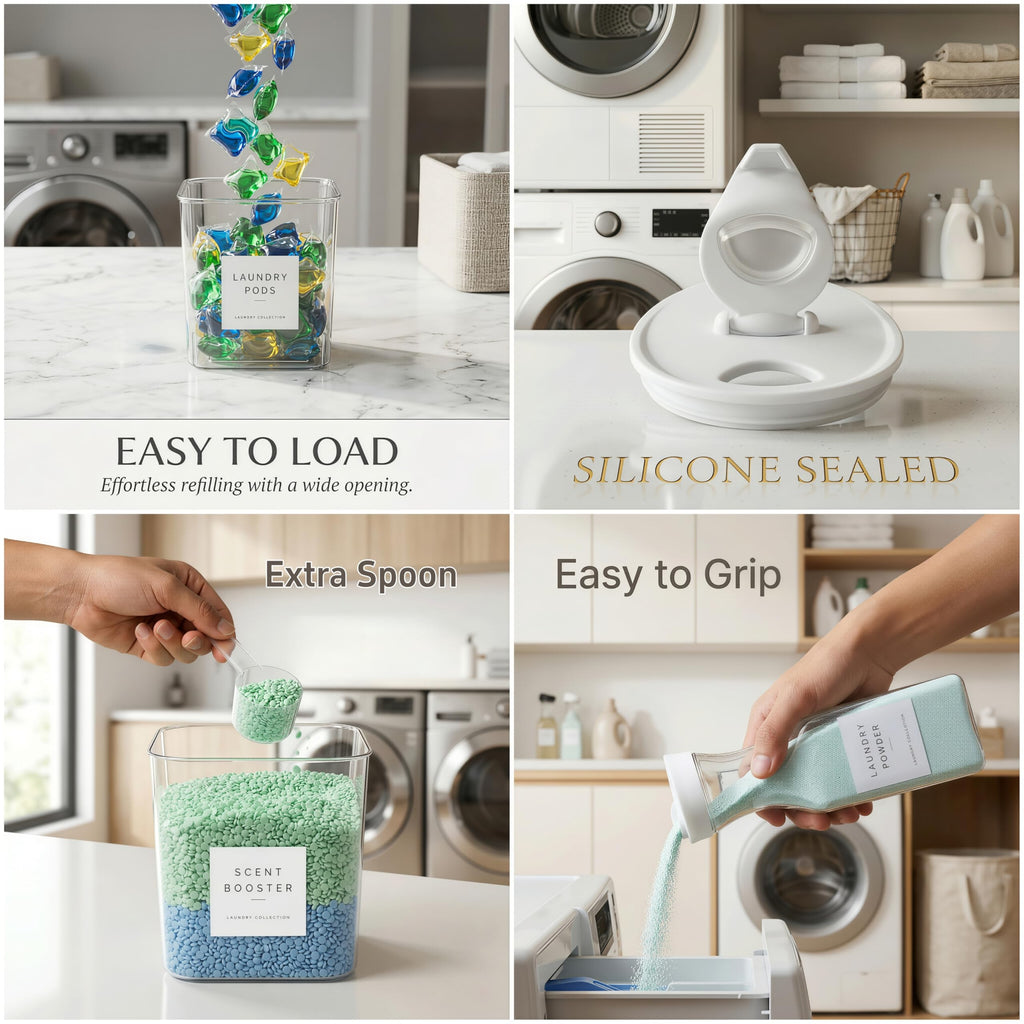 cocolanco 3+2 Pack Laundry Pods Containers & Dryer Sheet Holder & Laundry Detergent Dispenser, Laundry Room Organization and Storage Jars with Lids, Labels and Scoops for Scent Booster, Powder, Pods