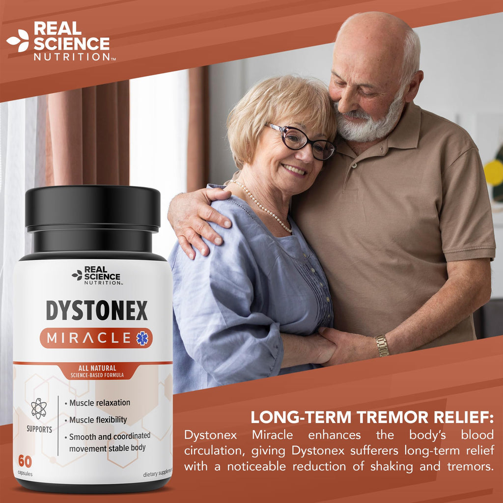 Real Science Dystonex - Dystonia Support Supplement for Tremors, Muscle Contractions & Spasms – Muscle Relaxer Pills with Vinitrox & GABA for Nerve Support & Blood Circulation – Made in USA, 60 Caps