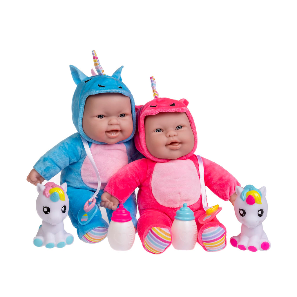 JC Toys Lots to Cuddle Babies 12-inch Small Soft Twin Baby Dolls Unicorn Theme| Washable | Pink and Blue | Includes Play Unicorns, Bottles, Pacifiers| for Children 12 Months +