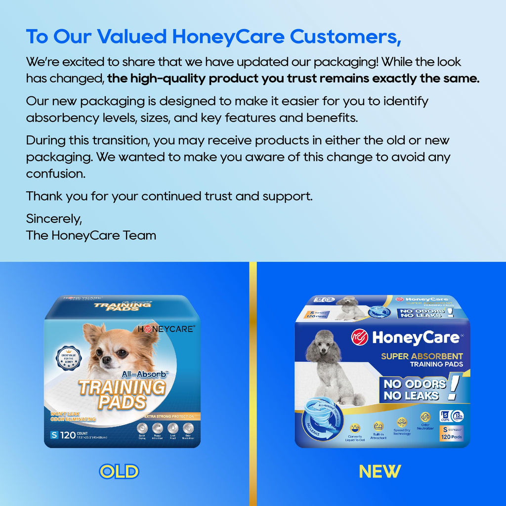 Honey Care All-Absorb, Small 17.5" x 23.5", 120 Count, Dog and Puppy Training Pads, Ultra Absorbent and Odor Eliminating, Leak-Proof 5-Layer Potty Training Pads with Quick-Dry Surface, Blue, A05