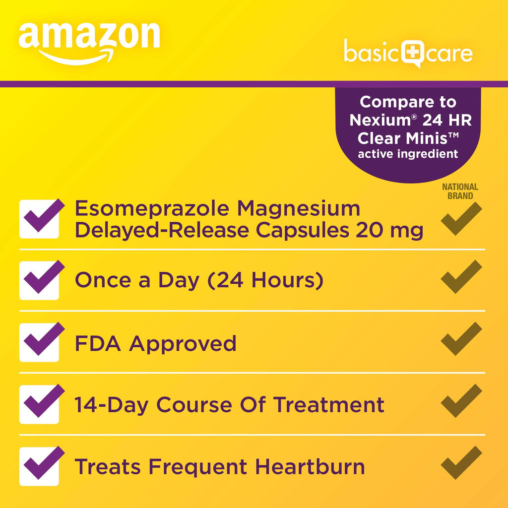 Amazon Basic Care Esomeprazole Magnesium Delayed-Release Mini Capsules, 20 mg, Acid Reducer, 24 Hour Heartburn Medicine, 42 Count (Pack of 2)