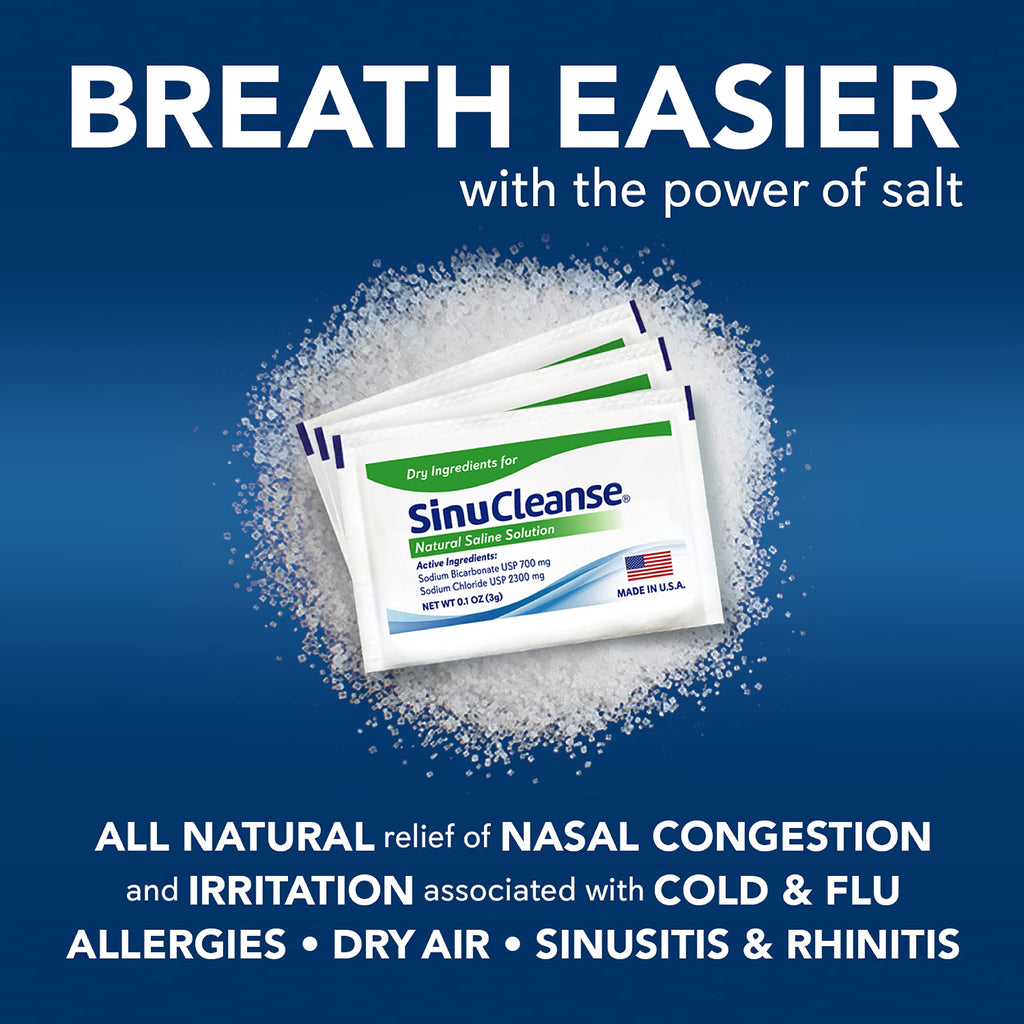 SinuCleanse Pre-Mixed Saline Packets for Sinus Rinse and Nasal Irrigation Systems, 100 Count, Made in USA, All-Natural, Pharmaceutical Grade and PH Balanced