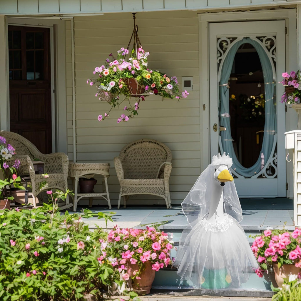 Earssa Porch Goose Outfit for 23" 17" Bride Goose Costume Wedding Dress with Tiara& Tutu Skirt Princess Clothes Statue for Outdoor Garden & Wedding Events