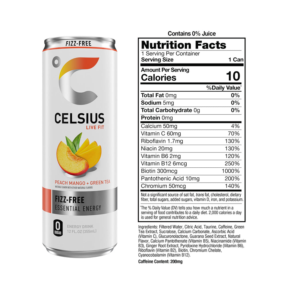 CELSIUS Fizz Free Peach Mango Green Tea, Sugar Free Energy Drink, 12 Fl Oz (Pack of 12)