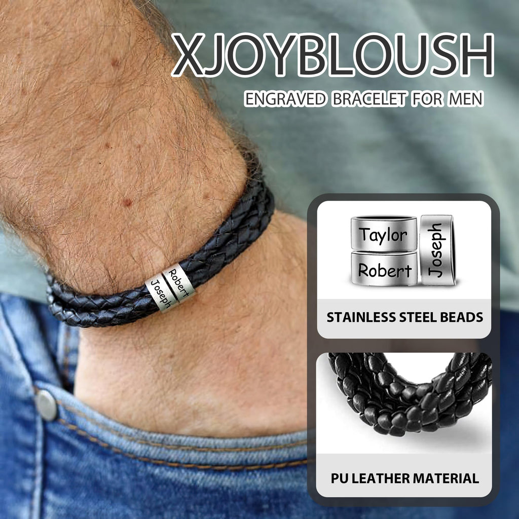XJoyBloush Fathers Day Bracelet for Dad Gifts, Custom Bracelets with Family Names Personalized Mens Leather Bracelet Customized Gifts for Boyfriend Husband