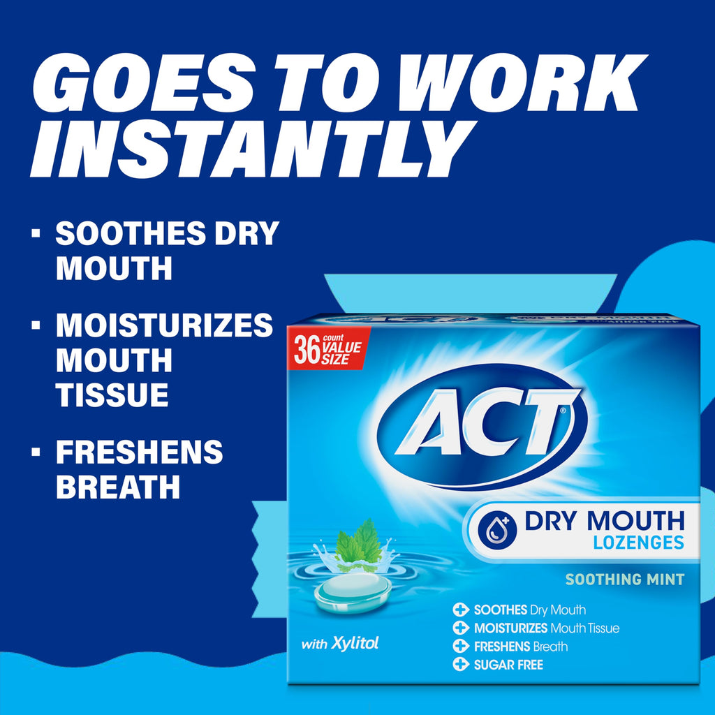 ACT Dry Mouth Lozenges with Xylitol, Soothes, Moisturizes & Freshens, Soothing Mint, Value Size, 36 ct., 2 pk