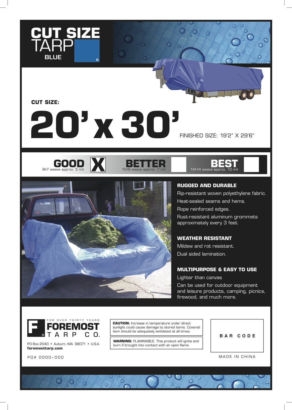Dry Top Multi-Purpose Economy Poly Tarp, 20x30 Feet, Blue