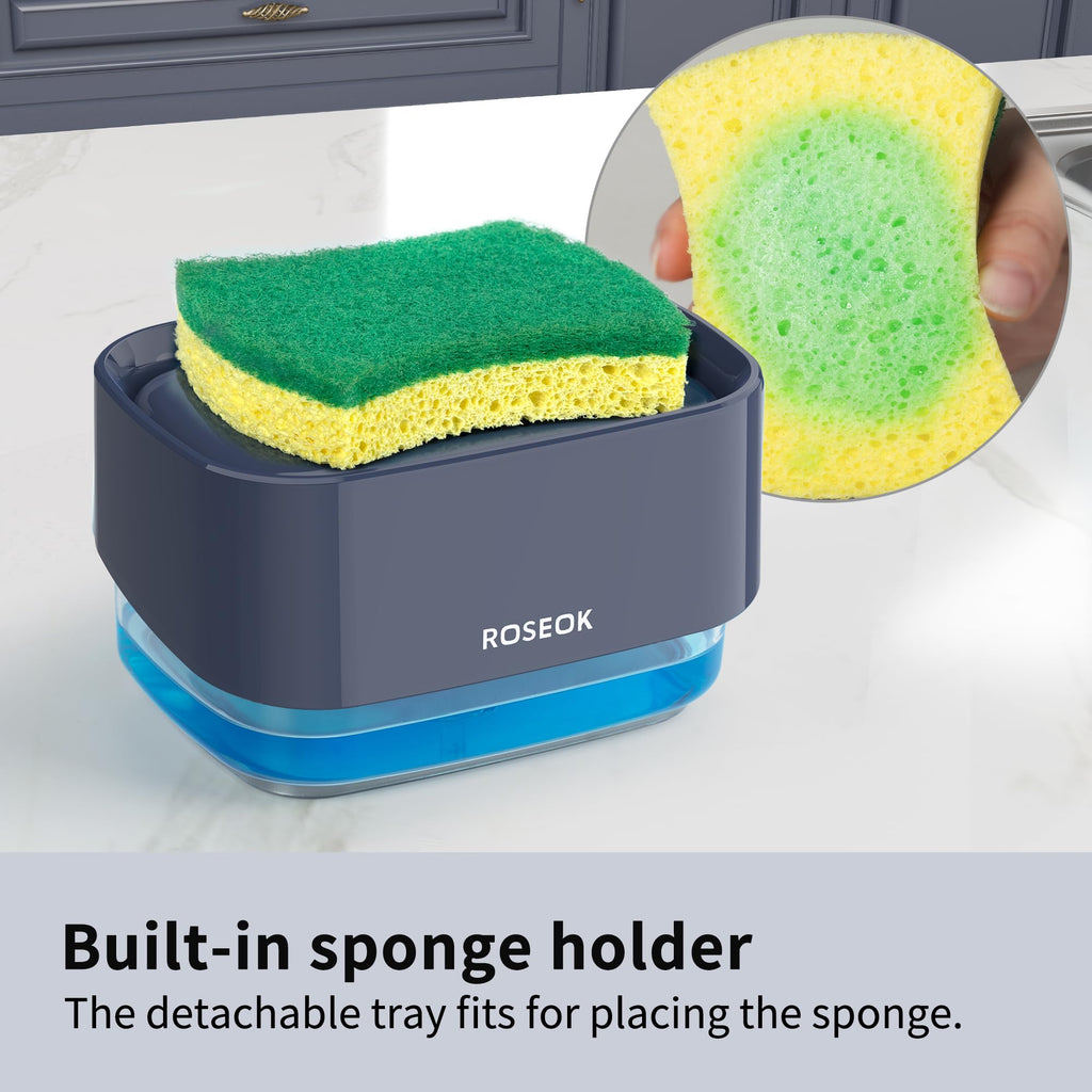 ROSEOK Dish Soap Dispenser with Sponge Holder for Kitchen, Navy Blue
