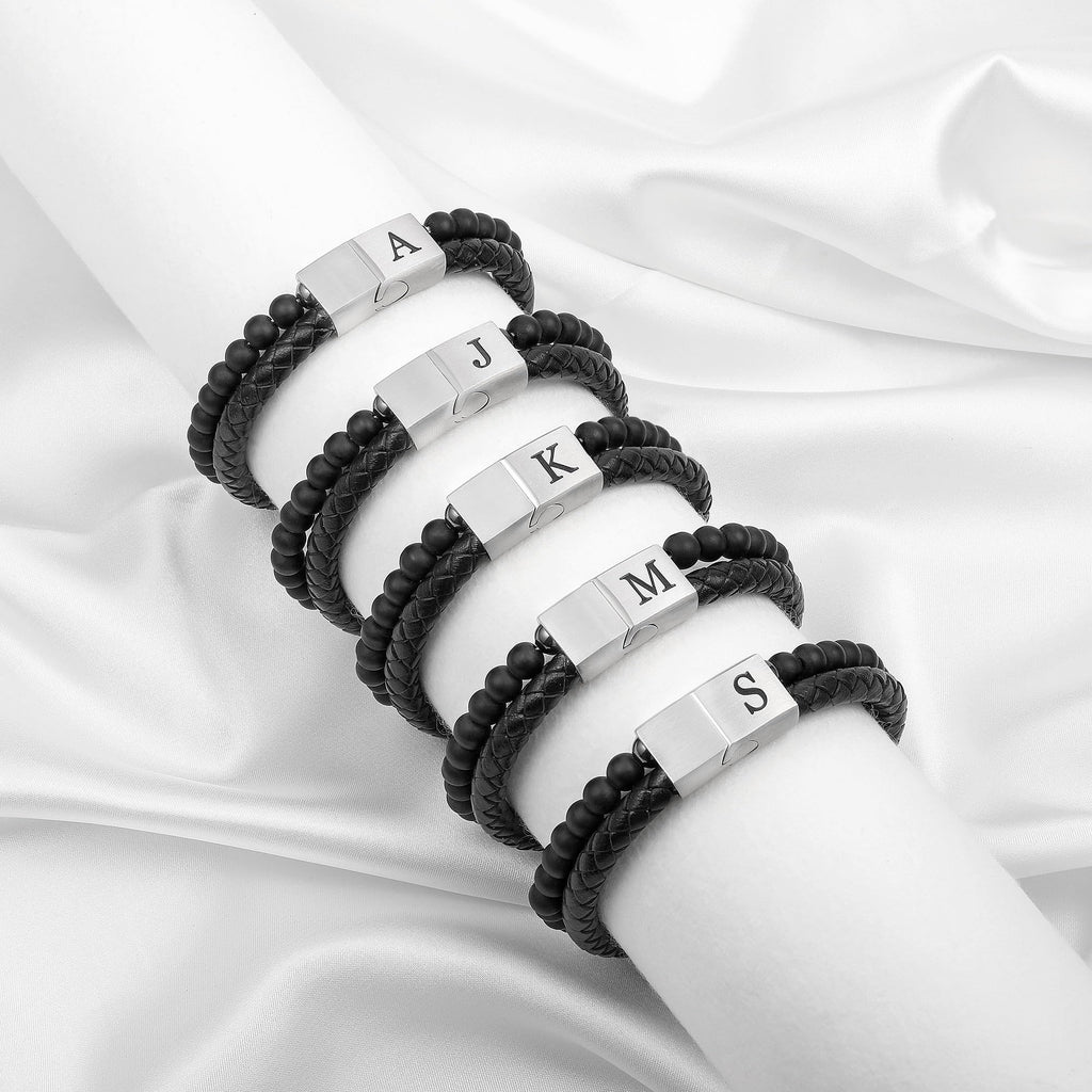 LUXEJEW Mens Bracelet - Leather Beaded Bracelets for Men Matte Agate Beads J Initial Bracelet for Mens Jewelry Fathers Day Ideas Gifts for Grandpa Dad Son Birthday Gifts for Men Husband Boyfriend