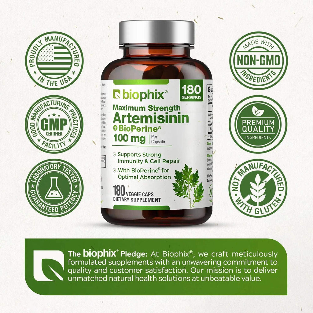 biophix Artemisinin Supplement + BioPerine® 100 mg - 180 Vegan Cap - Maximum Strength Sweet Wormwood Extract - Supports Cellular Health, Antioxidant Balance & Immune Function