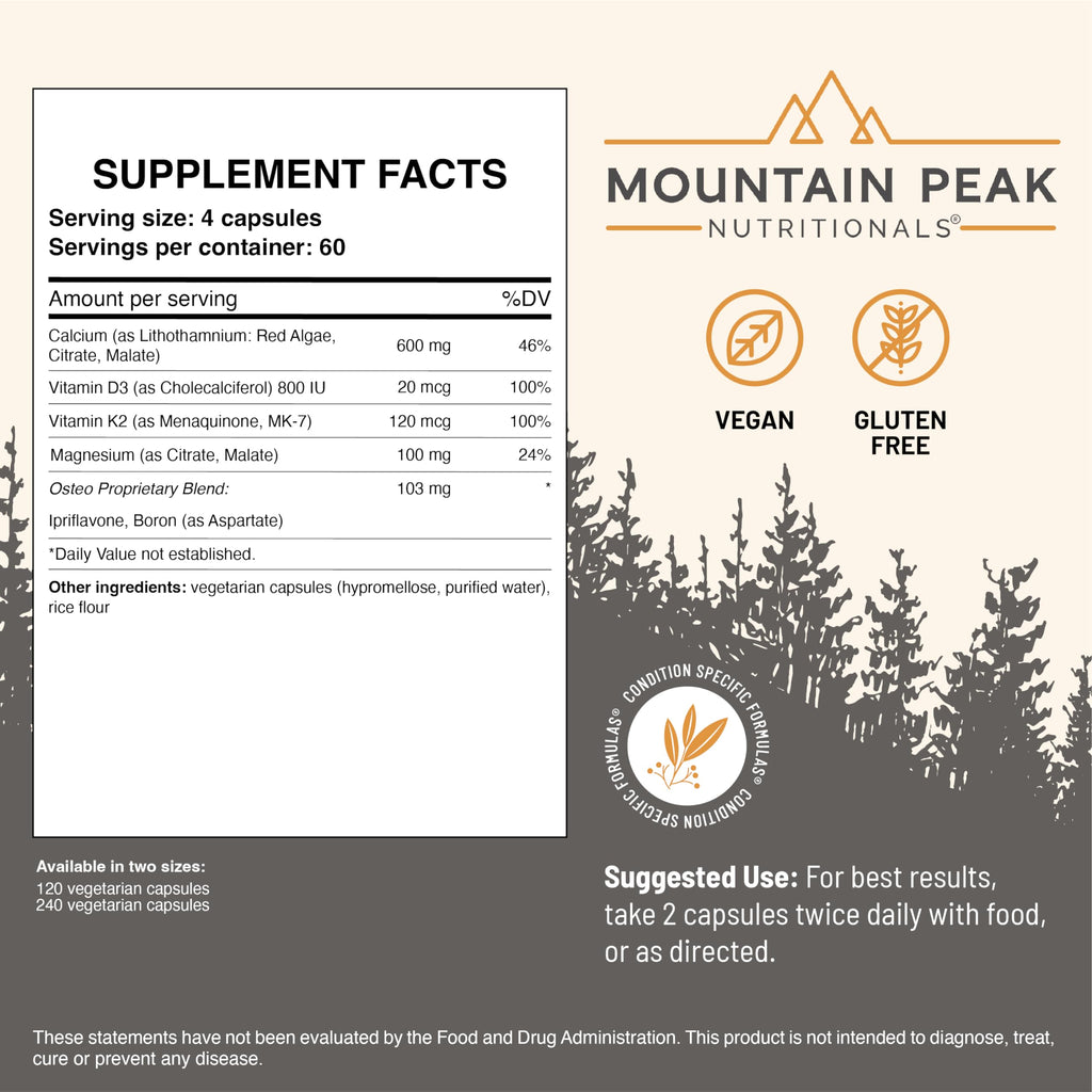 Mountain Peak Nutritionals Osteo Supplement - Organ & Strong Bone Support, Promotes Bone Health - With Vitamins D3, K2, Calcium, and Magnesium - Bone Building & Strengthening (240 Vegetarian Capsules)