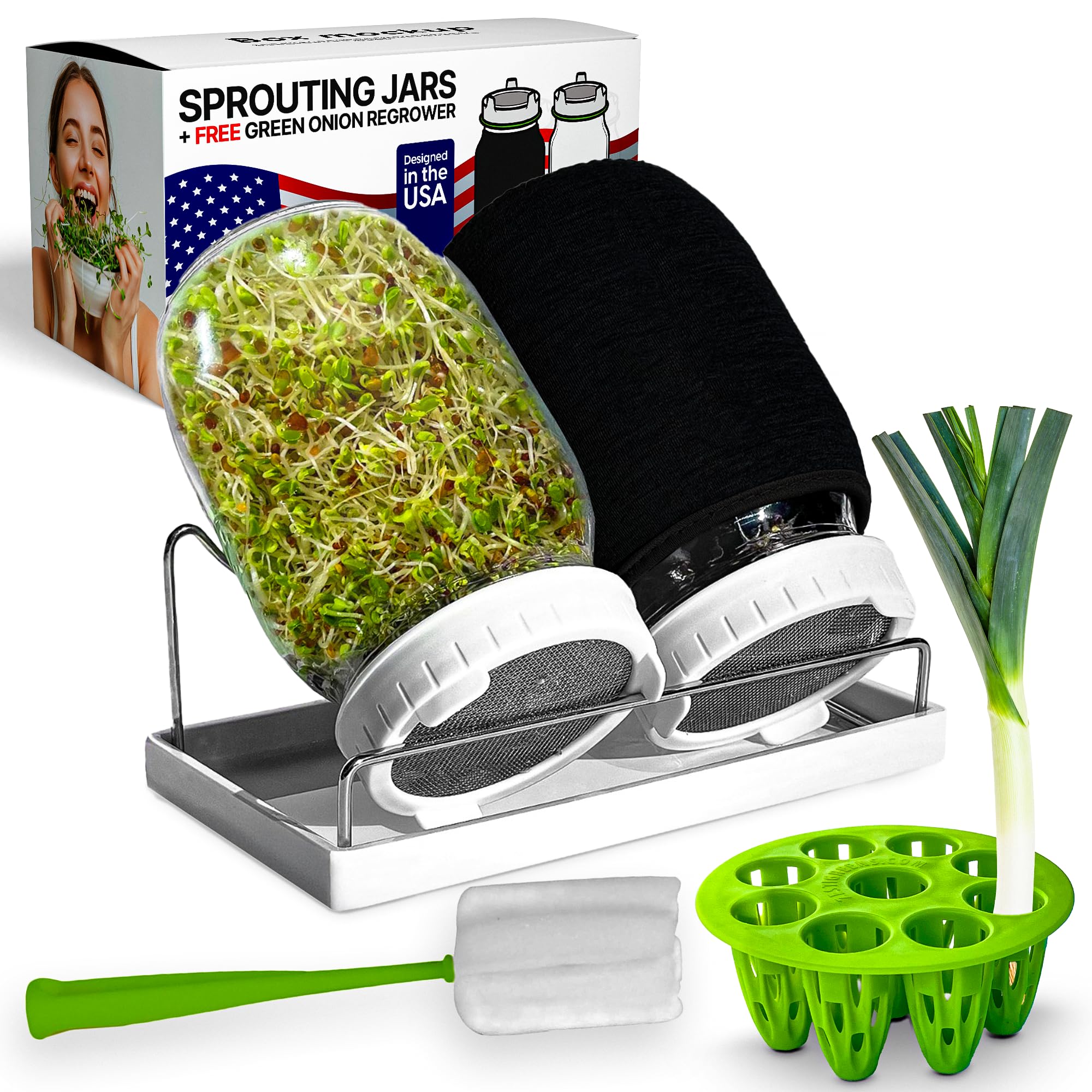 Sprouting Jar Kit - 2 Wide-Mouth Mason Jars with Stand and Sprout Lids