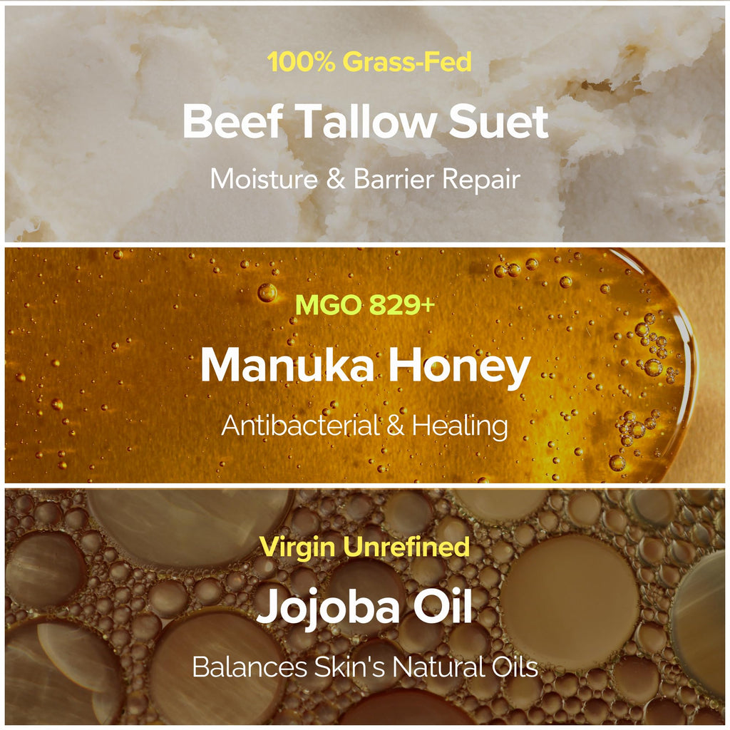 100% Grass-Fed Suet Beef Tallow and Manuka Honey Balm Natural Moisturizer Cream for Face & Body Eczema Relief Cream Moisturizer for Dry Skin Pure Tallow Face Moisturizer for Sensitive Skin