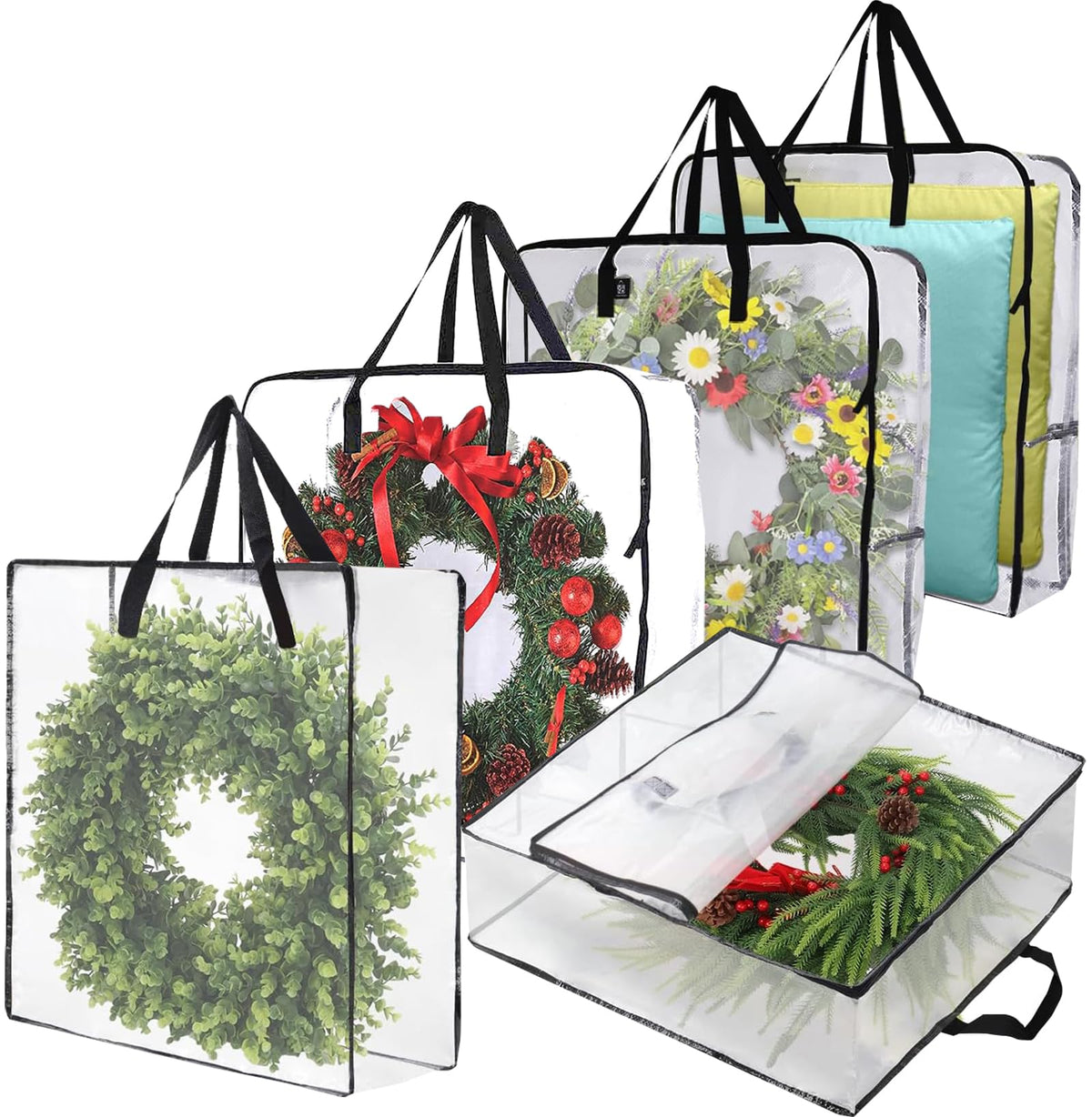 5 Pack Wreath Storage Bag, Summer, Christmas Decoration Garland Container, 30 Inch Clear Door Wreath Organizers, Moving Boxes, Packing Supplies for College