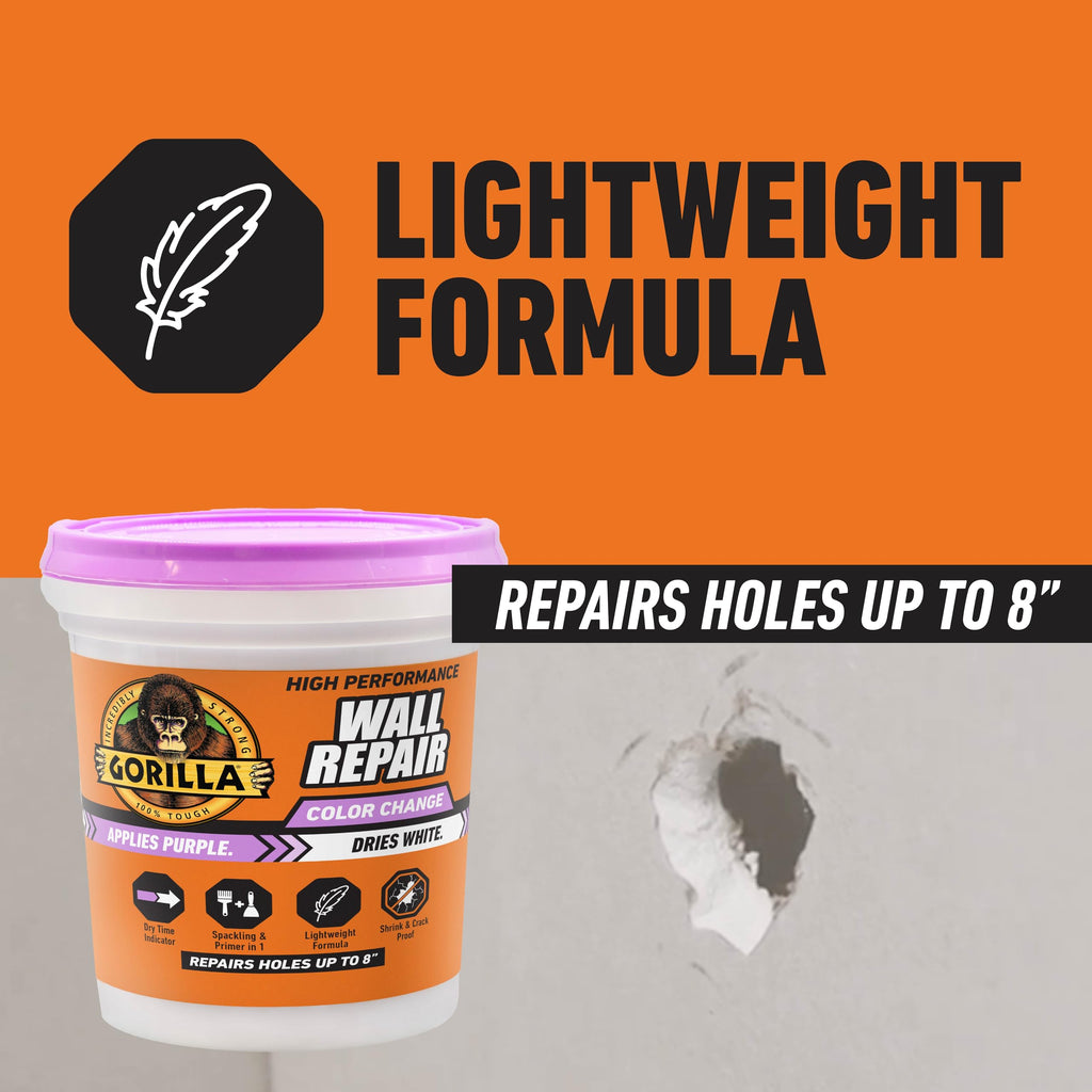 Gorilla High Performance Wall Repair Color Change, 16 Ounce Tub, Applies Purple, Dries White – Spackling & Primer in One, Shrink & Crack Resistant