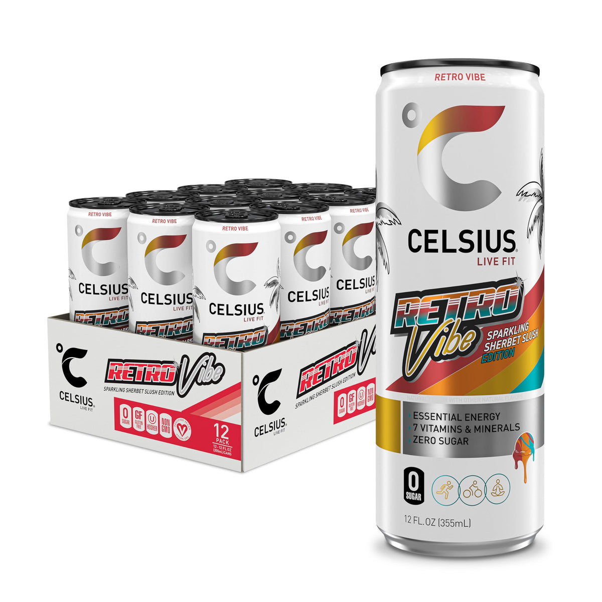 CELSIUS RETRO VIBE Sparkling Sherbet Slush, Sugar Free Energy Drink, 12 Fl Oz (Pack of 12)