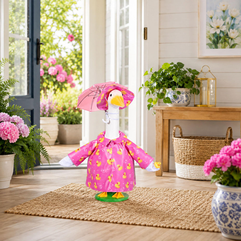 JcHrmers Summer Goose Outfit Porch Goose Raincoat Outfits 23" Yard Geese Rain Jacket with Hat Umbrella Duck for Geese Statue Outdoor Lawn Garden Patio Decor (Pink)