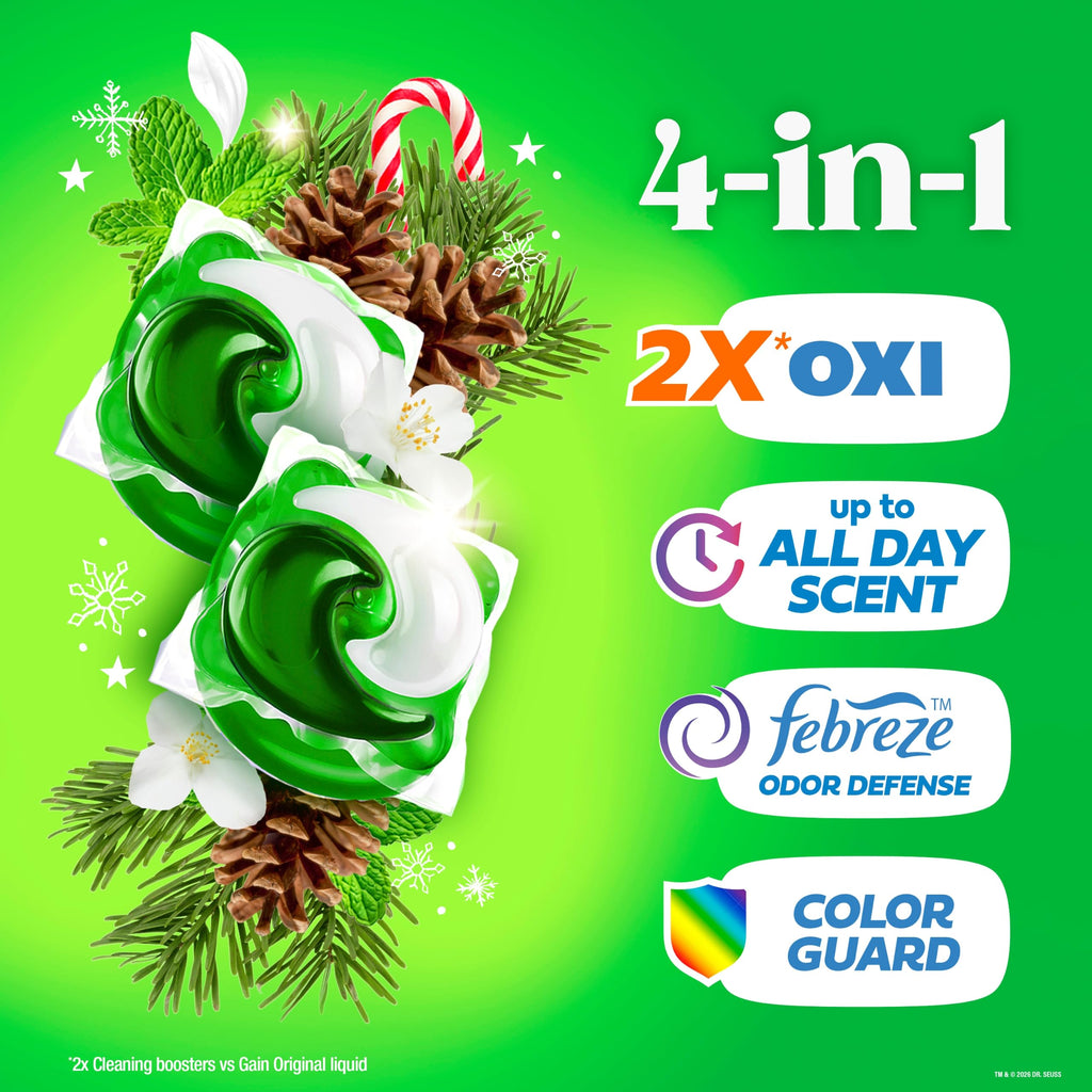 Gain Flings Liquid Laundry Detergent Pods, Odor Defense + Color Guard, Grinchmas Cheer Scent, 4-In-1 Liquid Laundry Detergent Pacs, Clean & Fresh, 60 Count