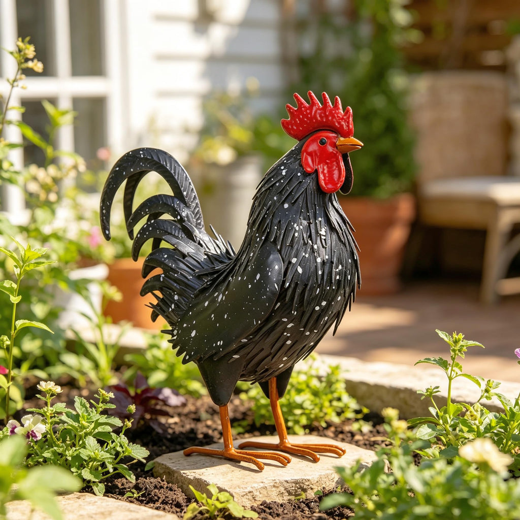 Ratuor Rooster Garden Statue Sculpture Metal Chicken Yard Decor Outdoor Figurines Patio Backyard Decoration (Black)