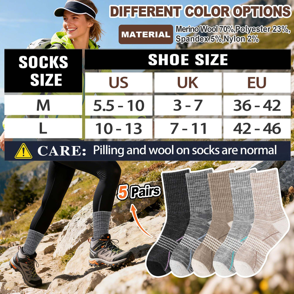 Sandsuced Merino Wool Hiking Socks Thermal Warm Winter Cozy Outdoor Crew Socks 5 Pairs Gift Stocking Stuffers for Women Men(Black/Khaki/Gray,M)