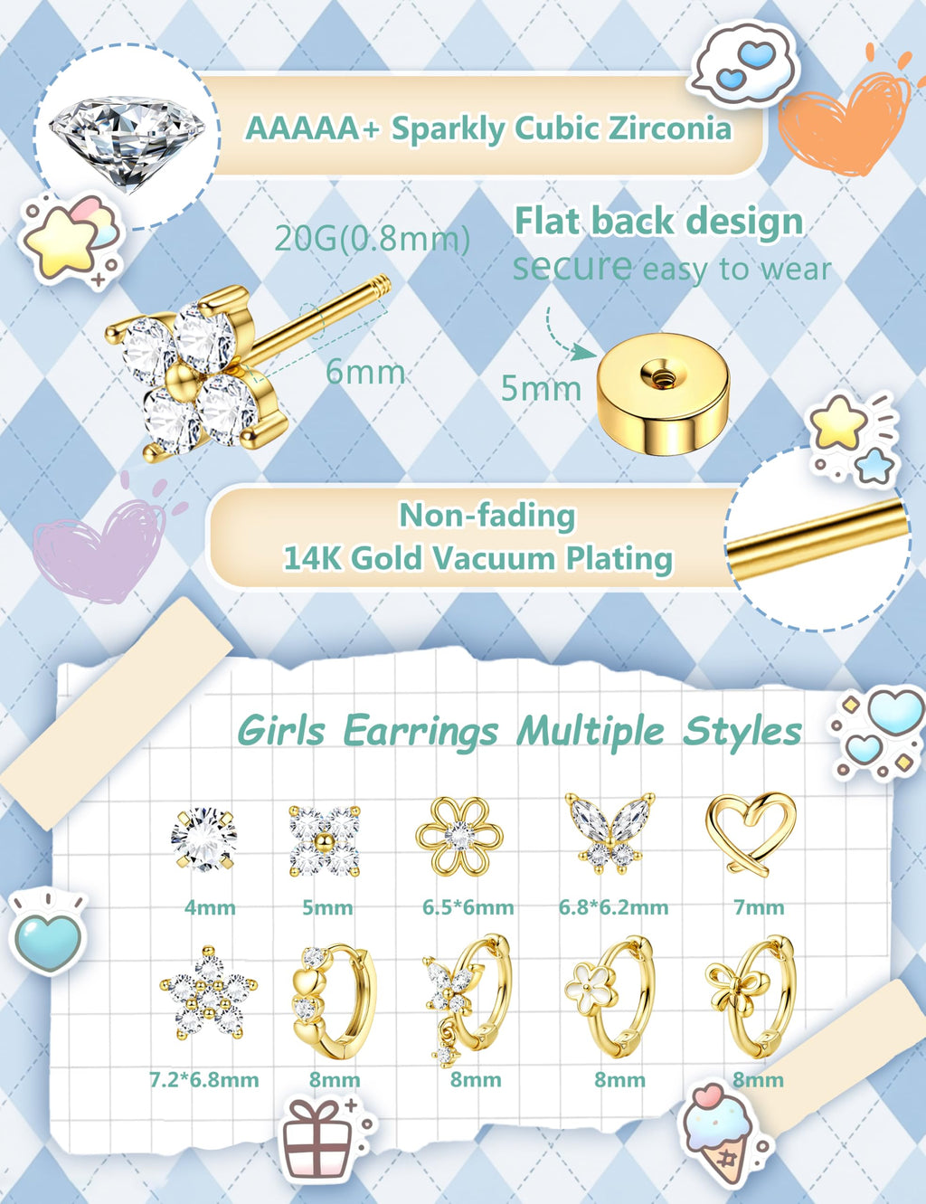 SAILIMUE Hypoallergenic Flat Back Earrings for Girls Women - Cute Toddler Kids Earrings Set Surgical Stainless Steel Earring for Sensitive Ears Small 14K Gold Plated Stud Hoop Earring Stacks