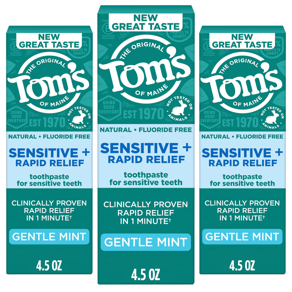Tom's of Maine Rapid Relief Plus Sensitive Teeth Toothpaste, Fluoride Free, Gentle Mint, 4.5 Oz, 3 Pack, Clinically Proven Enamel Safe, Builds Arginine and Calcium Shield Around Teeth