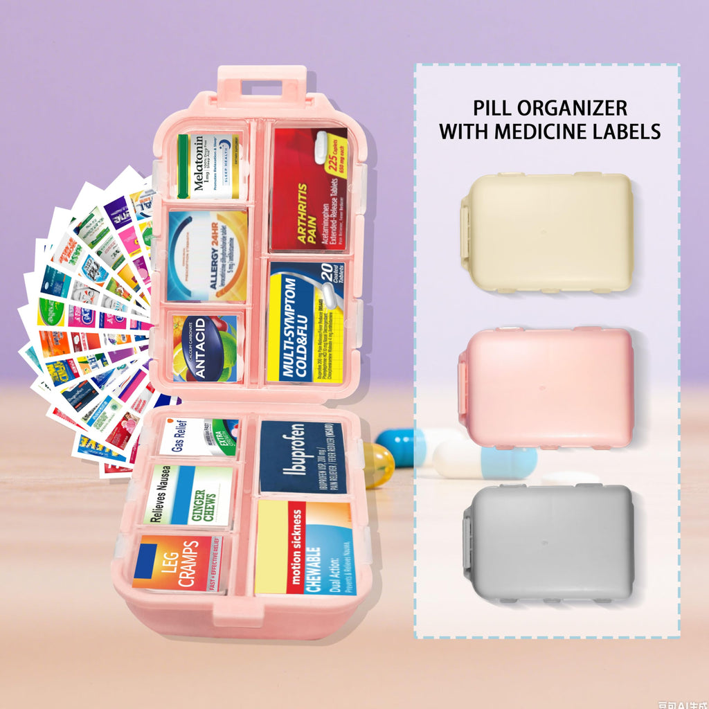 Pill Organizer with Medicine Labels 146 Labels Travel Daily Pill Container Mini Medication Organizer Storage Travel Essentials Pill Case 7 Day Pill Organizer (Blue+Pink+Purple, 3 Packs (Large))