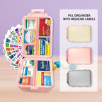 Pill Organizer with Medicine Labels 146 Labels Travel Daily Pill Container Mini Medication Organizer Storage Travel Essentials Pill Case 7 Day Pill Organizer (Blue+Pink+Purple, 3 Packs (Large))