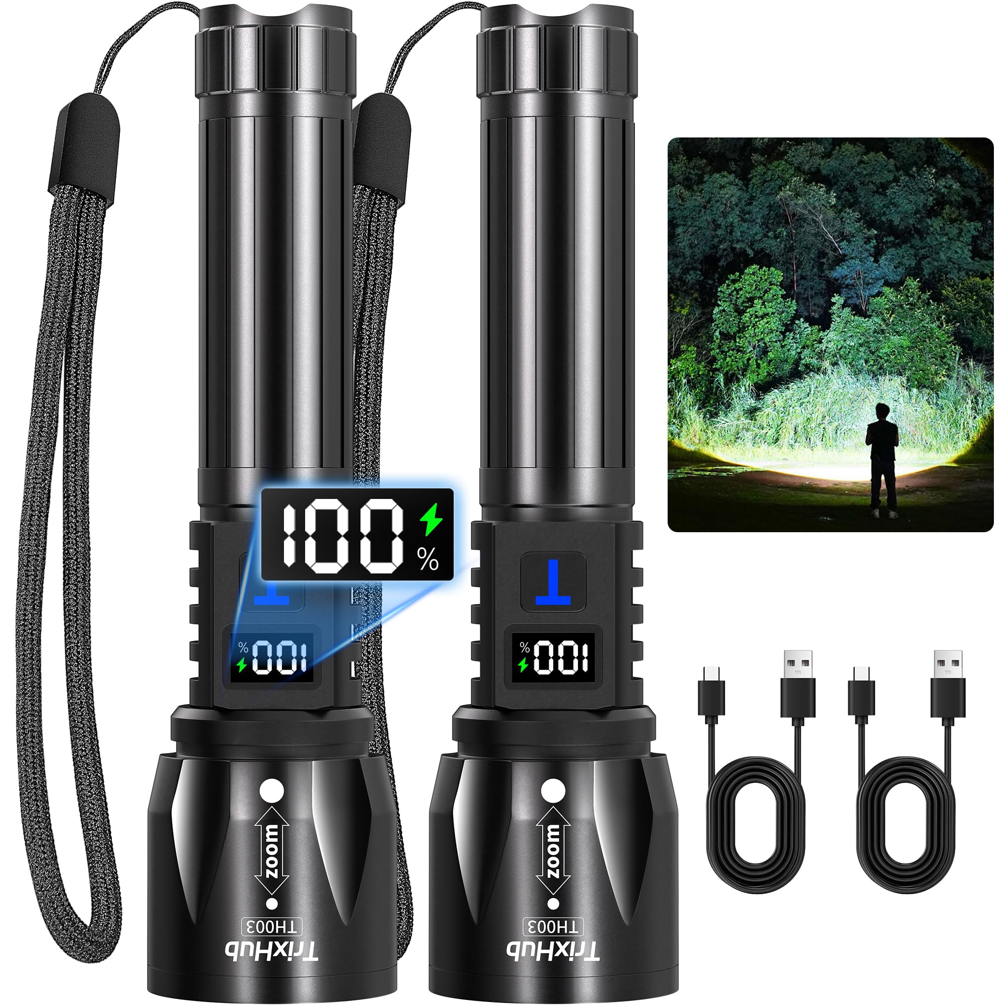 TrixHub Rechargeable Flashlights High Lumens 2Pack, 5Mode Flash Light with LCD Digital Display, Super Bright Adjustable Tactical Flashlight, High Powered LED Handheld Flashlight for Home