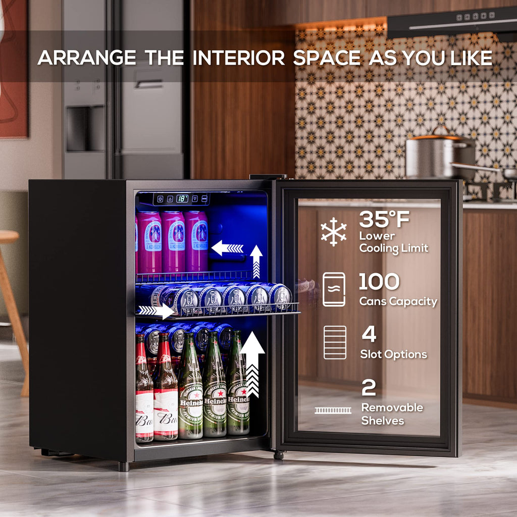 Manastin Beverage Refrigerator Cooler-70 Cans Mini Fridge Freestanding Cooler with Glass Door, Adjustable Shelves & Digital Temperature Display for Soda, Wine or Beer (Black, 1.77 Cu.Ft)