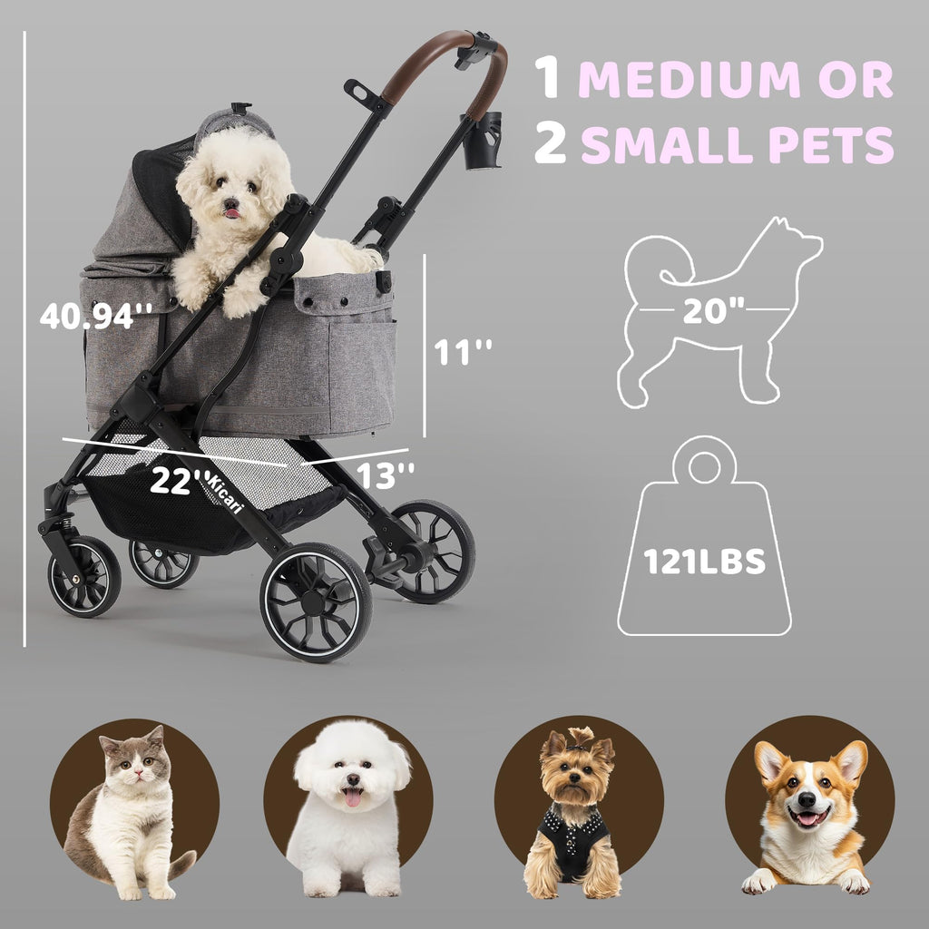 Kicari All-Terrain Dog Stroller for Small to Medium Dogs, Pet Stroller for Dogs & Cats Outdoor Walks, One-Hand Easy Fold, Double-Layer Anti-UV & Waterproof Canopy & Breathable Mesh, Charcoal Gray