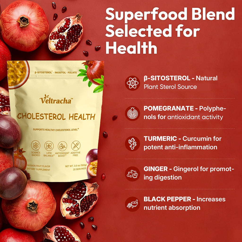 Veltracha Cholesterol Healthy Drink, Support Cholesterol Levels Drink with 600mg Beta-Sitosterol, Folate & Inositol, Zero Sugar and Vegan, Passion Fruit Flavor, 20 Servings