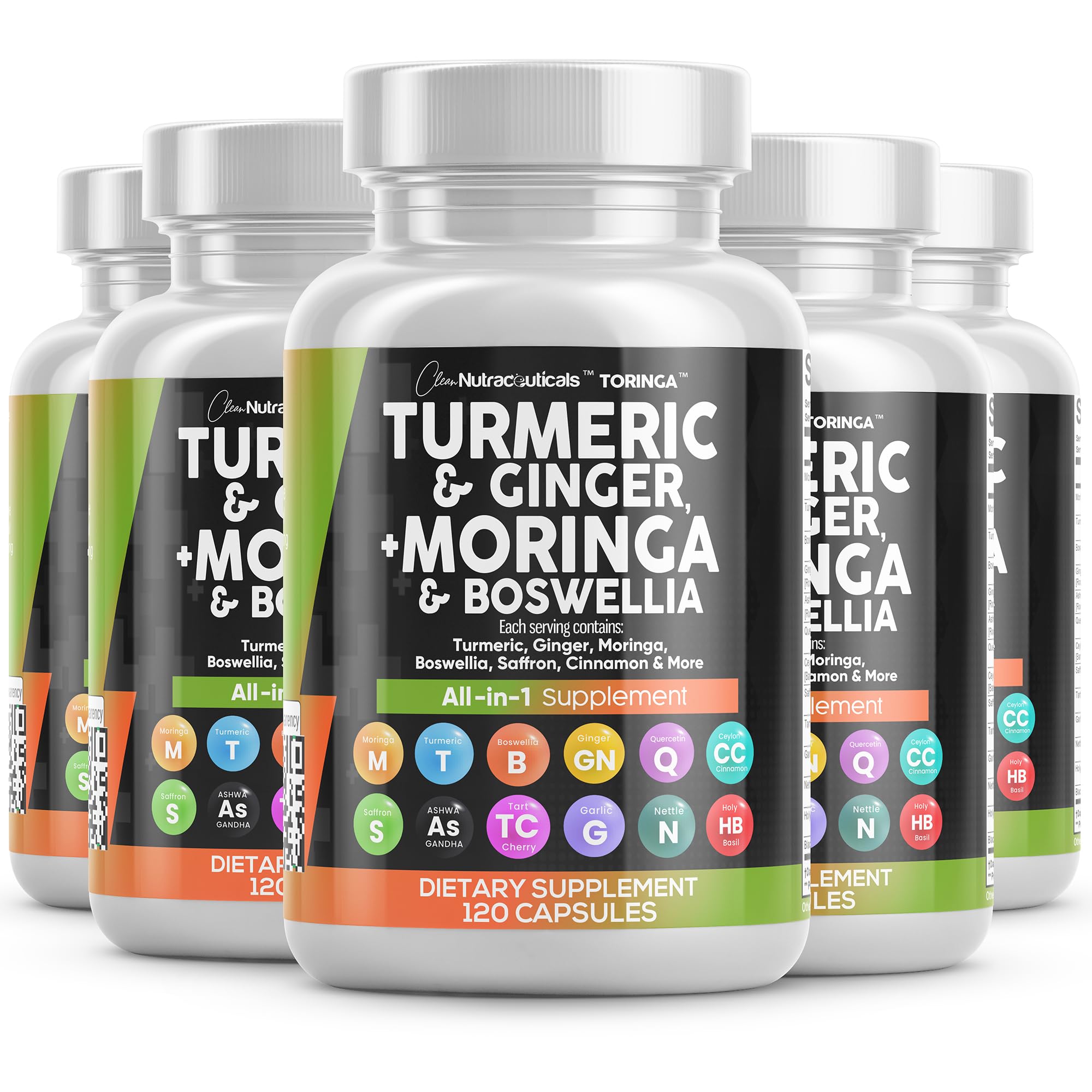 Turmeric Moringa Supplement | Ginger Boswellia Saffron - Supplement for Women and Men with Ceylon Cinnamon, Tart Cherry, Quercetin Garlic Nettle Holy Basil - 5Pack