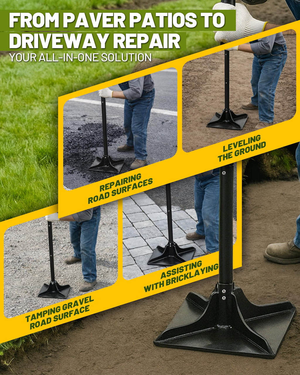 GARDMATE Steel Tamper Tool, 8''x8'' Heavy Duty Hand Tamper for Soil Compaction, 48" Adjustable Handle with Non-Slip Grip, Ground Dirt Tamper for Landscaping, Patio, Asphalt Repair with Gloves