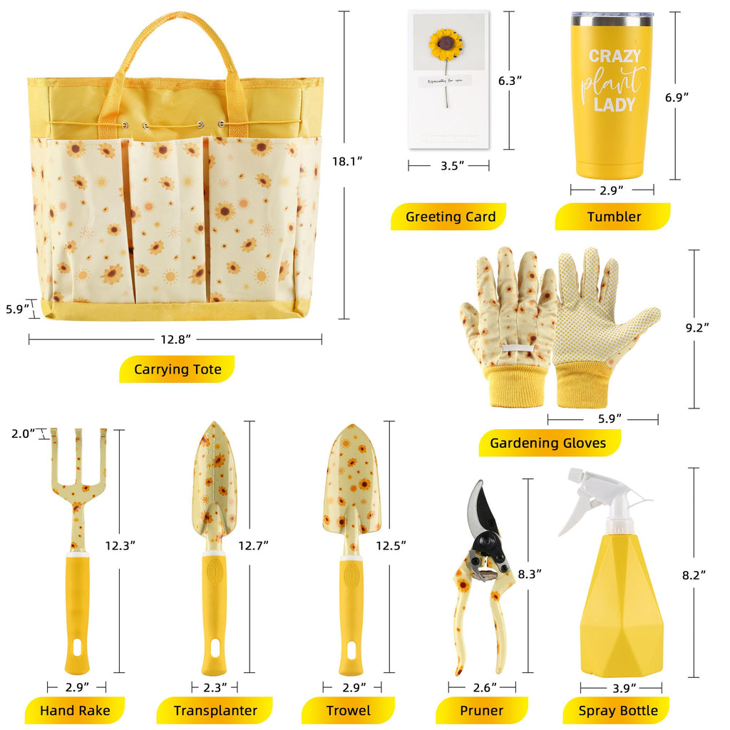 LZPTYYSN Sunflower Gardening Gifts for Women, Garden Tool Set, Heavy Duty Gardening Hand Tools with Garden Tool Bag,Yellow