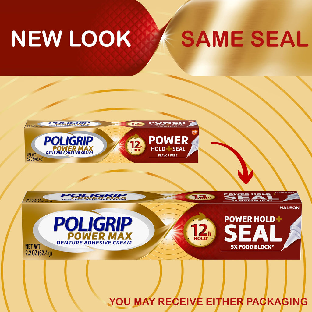 Poligrip Power Max Power Hold Plus Seal Denture Adhesive Cream for Secure Hold and Food Sealing, Flavourless - 2.2 oz (62.3 g) (Pack of 4)
