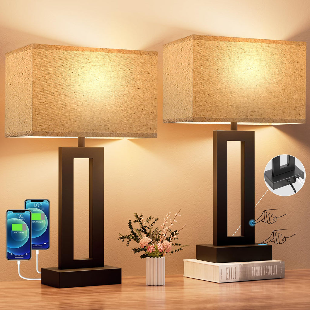 19.6" Touch Lamps for Nightstand, 3 Way Dimmable Bedroom Lamp, USB C+A
