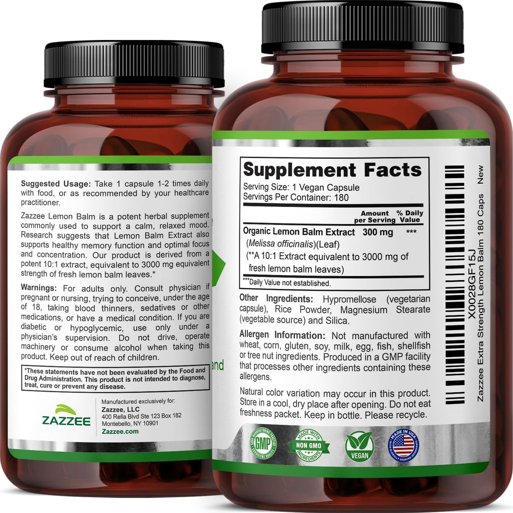 Zazzee Organic Lemon Balm 10:1 Extract, 3000 mg Strength per Capsule, 180 Vegan Capsules, 6 Month Supply, Standardized and Concentrated 10X Extract, 100% Vegetarian, All-Natural and Non-GMO